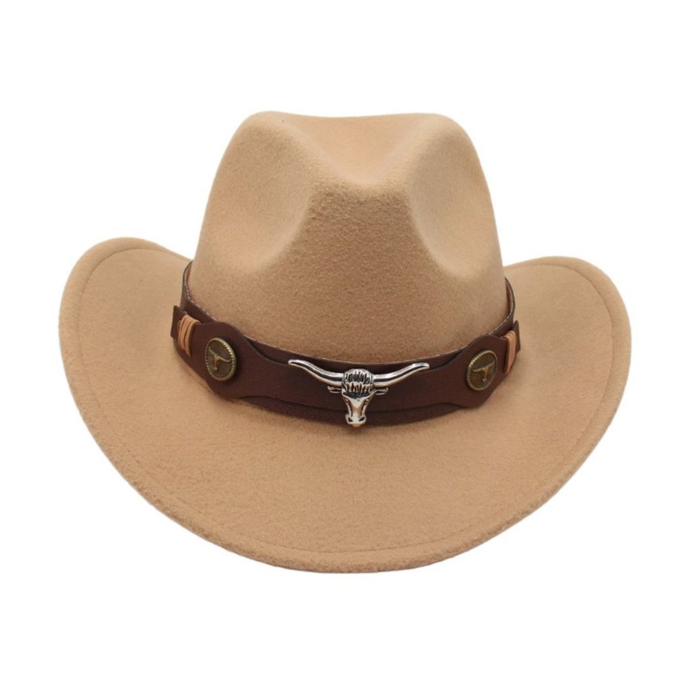 Beige Western Cowboy, Cowgirl Hat, Bull Horns‎ Strap, Men Women Retro Wide Brim